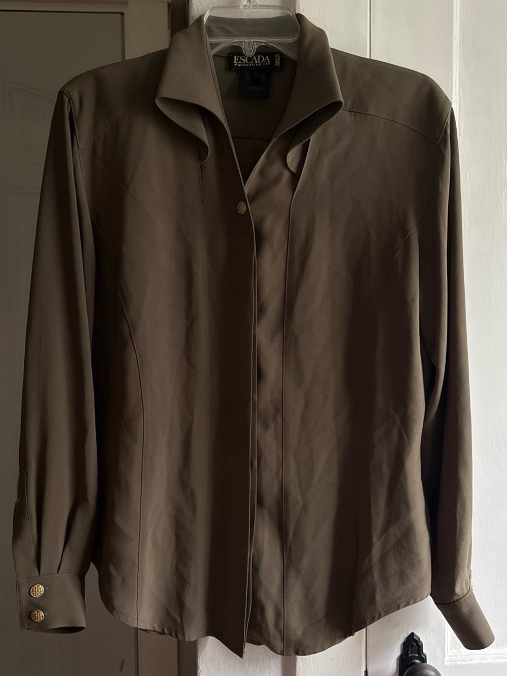 Escada Olive Brown Long Sleeve Silk-Blend Blouse with Gold Buttons